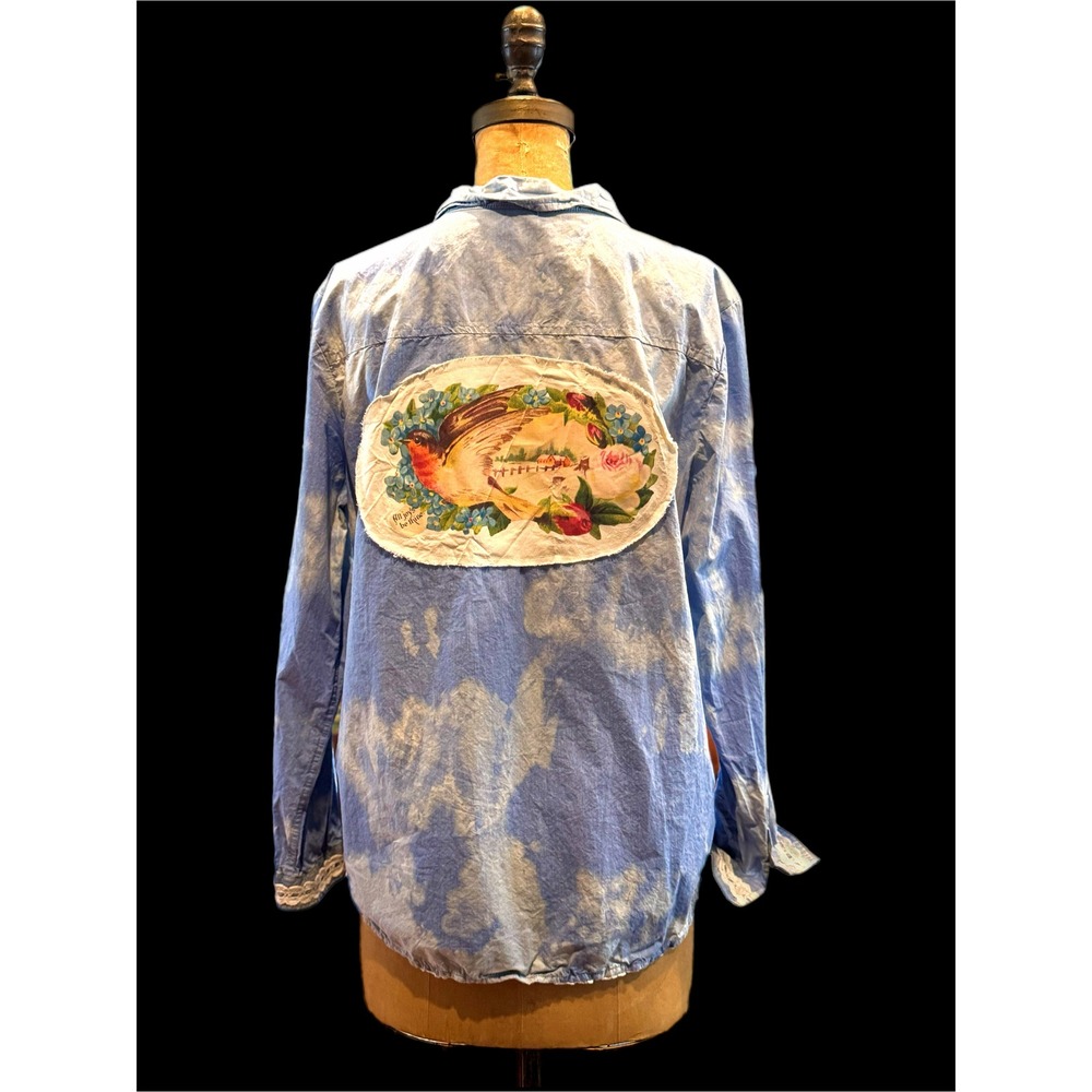 Upcycled‎ Shirt Bird Patch "All Joys Be Thine" Small